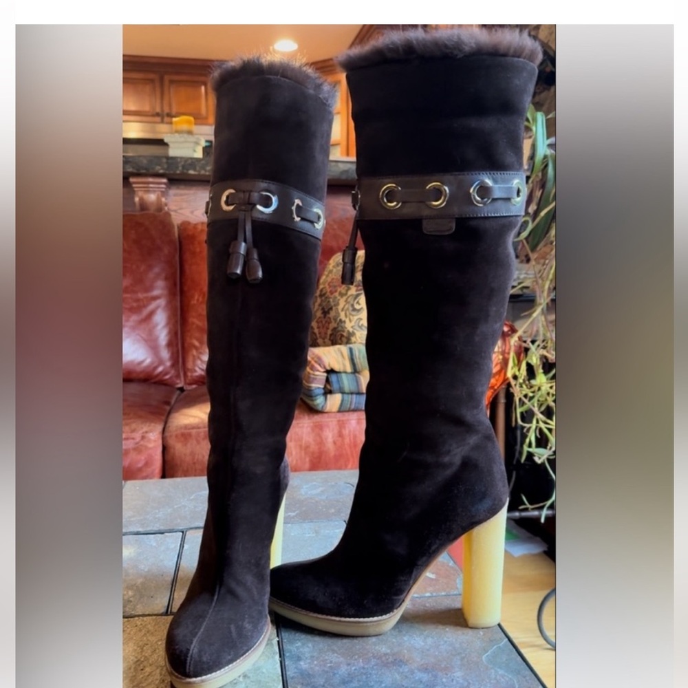 GUCCI💥NOW ON TREND❗️💥Rare Super Luxurious Mink lining tall dark brown EUC size 8 - Picture 3 of 16